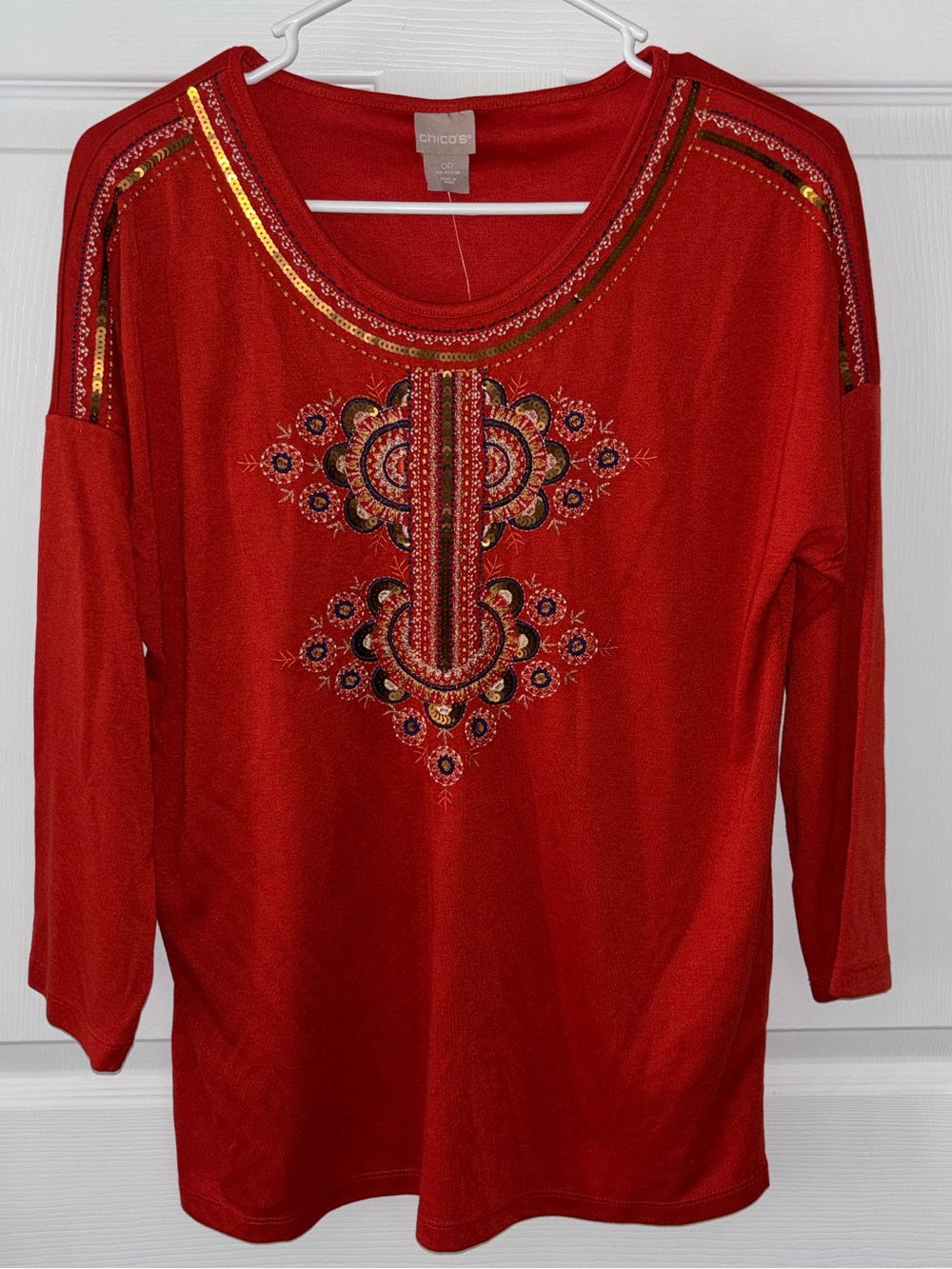 New Chico's 0 Embroidered Knit Top Shirt Women’s S Paprika